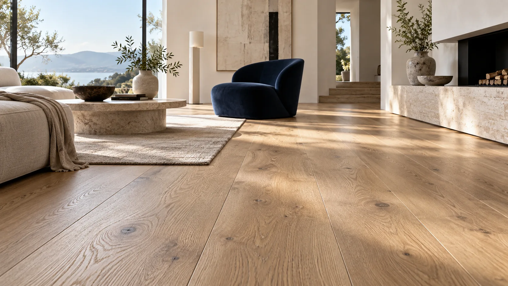 Ambientazione illustrativa di soggiorno con parquet in rovere naturale