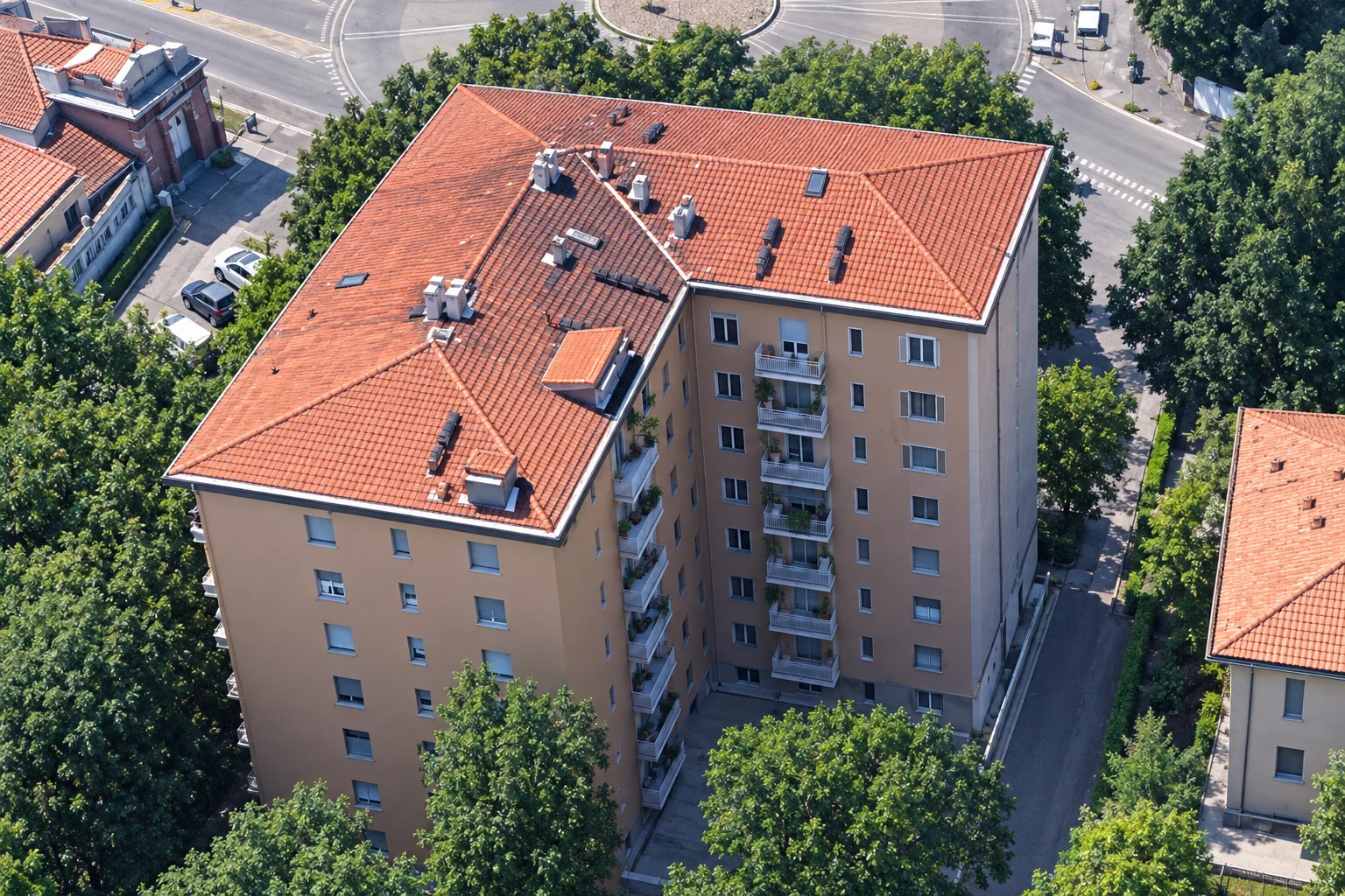 Piazzale Barbieri · Condominio Barbieri — ricostruzione AI da riferimento storico · rielaborazione illustrativa