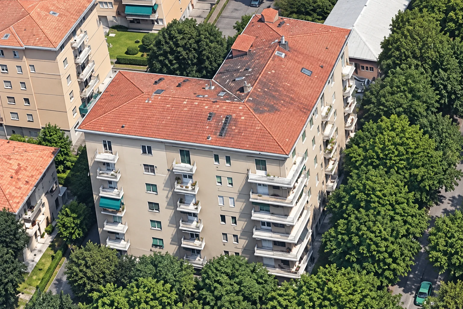 Piazzale Barbieri · Prospetto del condominio — ricostruzione AI da riferimento storico · rielaborazione illustrativa