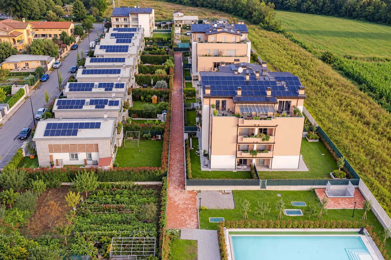 Residenze di Novate Milanese · Residenze e spazi comuni — ricostruzione AI · rielaborazione illustrativa
