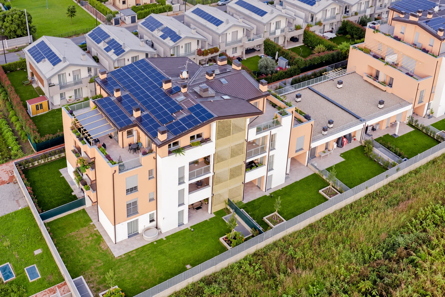 Residenze di Novate Milanese · Prospetto e coperture — ricostruzione AI · rielaborazione illustrativa