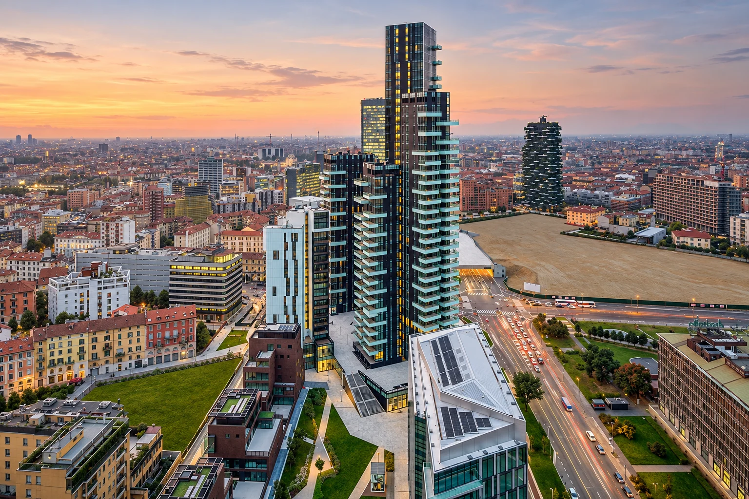 Torre Solaria · Vista aerea del complesso e degli spazi esterni · rielaborazione illustrativa
